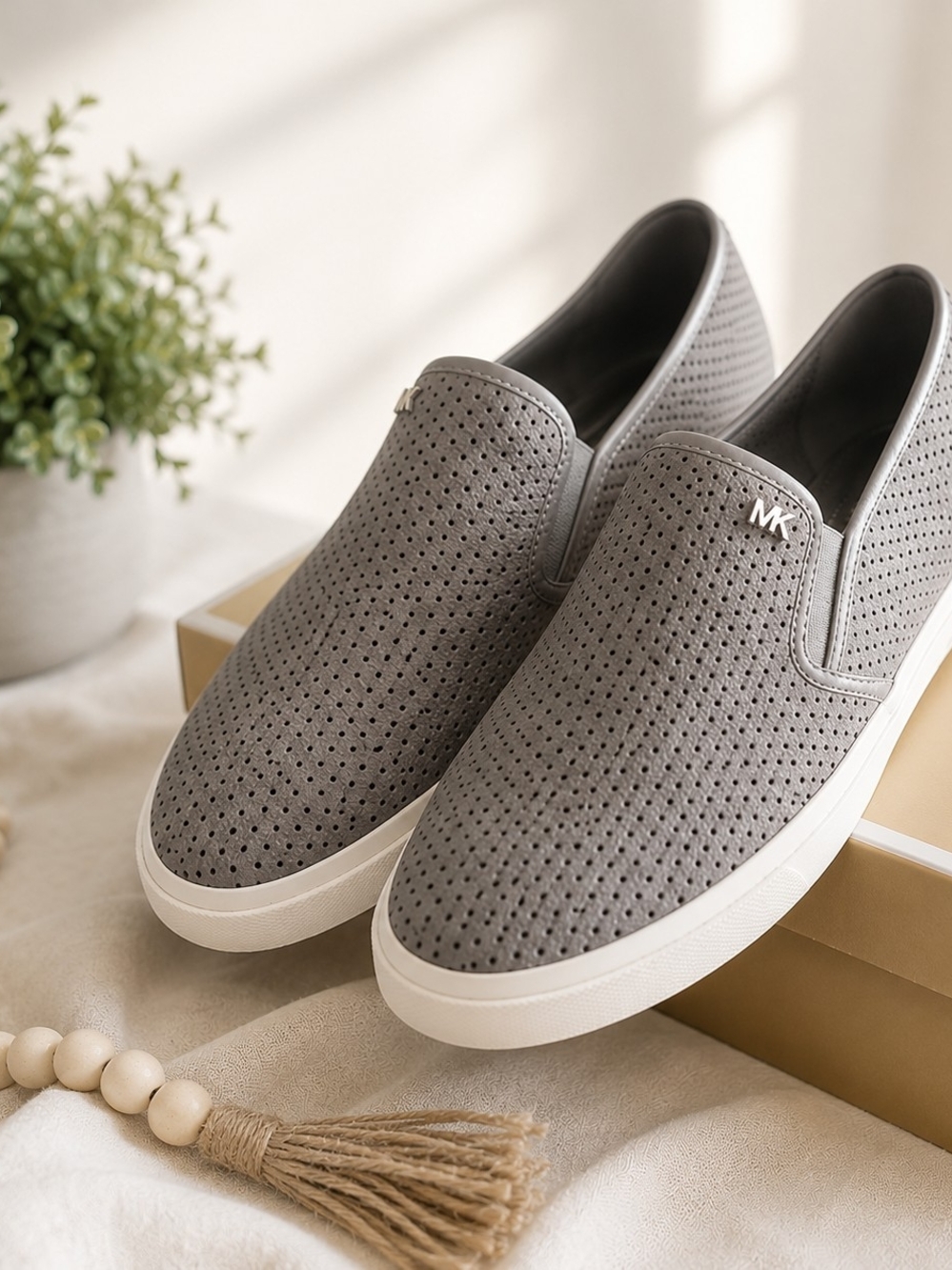 Michael Kors Men’s Pearl Grey Perforated Slip-On Sneakers